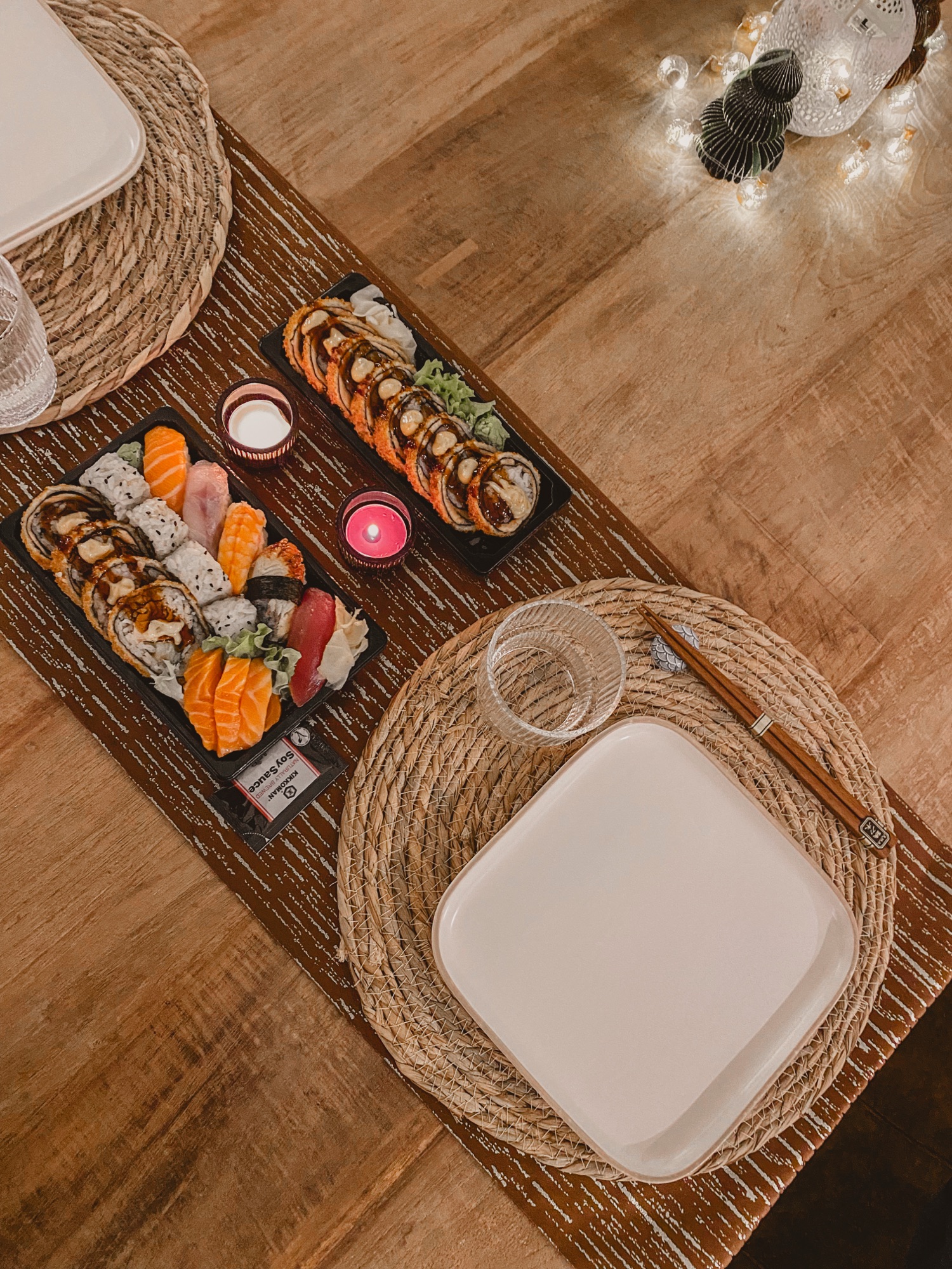 Sushi night, date night at home, sushi table set-up, teakwood dining table